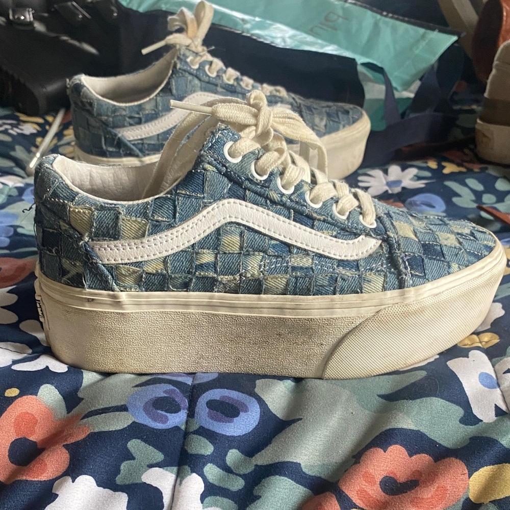 Vans Blue and Cream Checkered Women's Sneakers